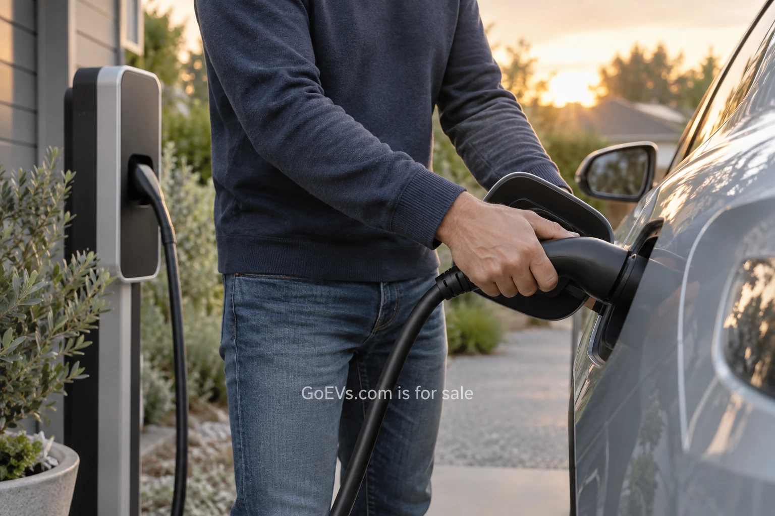 A homeowner planning a charging routine beside an electric car